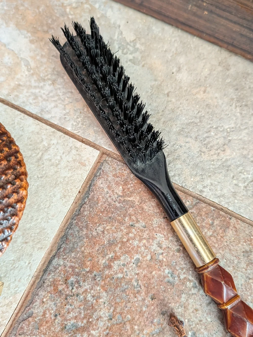Vintage Black Bristle Men's Valet Boot Brush with Brown Horse Handle Mid-century
